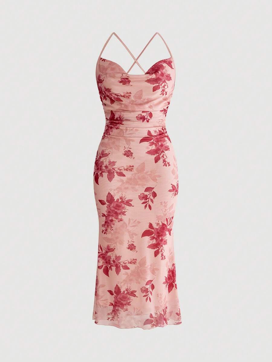 Women's floral print backless cami long dress featuring spaghetti straps, high waist, ruched detailing, and a mermaid hem with split thigh