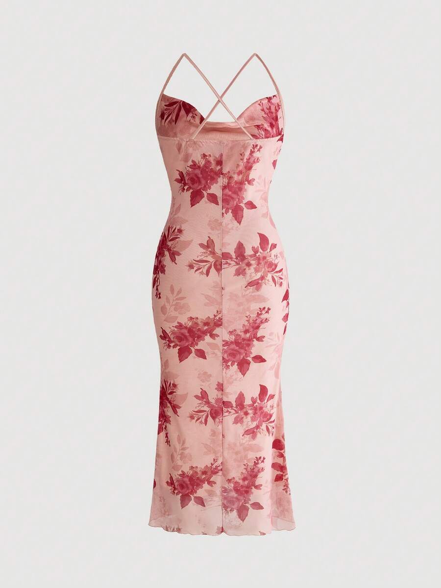 Women's floral print backless cami long dress featuring spaghetti straps, high waist, ruched detailing, and a mermaid hem with split thigh