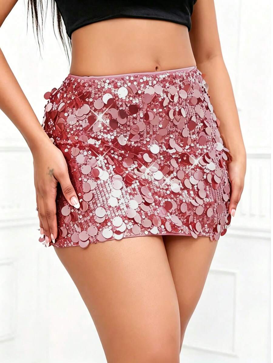 Women's high waist black sequin bodycon mini skirt featuring sparkling embellishments, unlined polyester fabric, ideal for night out and party wear.