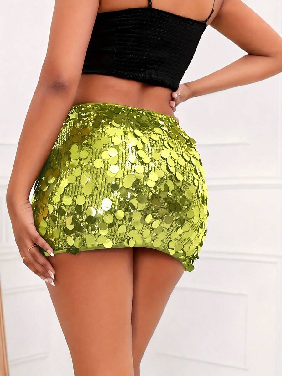 Women's high waist black sequin bodycon mini skirt featuring sparkling embellishments, unlined polyester fabric, ideal for night out and party wear.