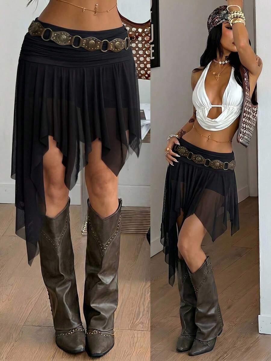 Women's asymmetrical ruffle skort with low waist, hollow out details, and lined body in knitted stretch fabric for beach and summer wear.