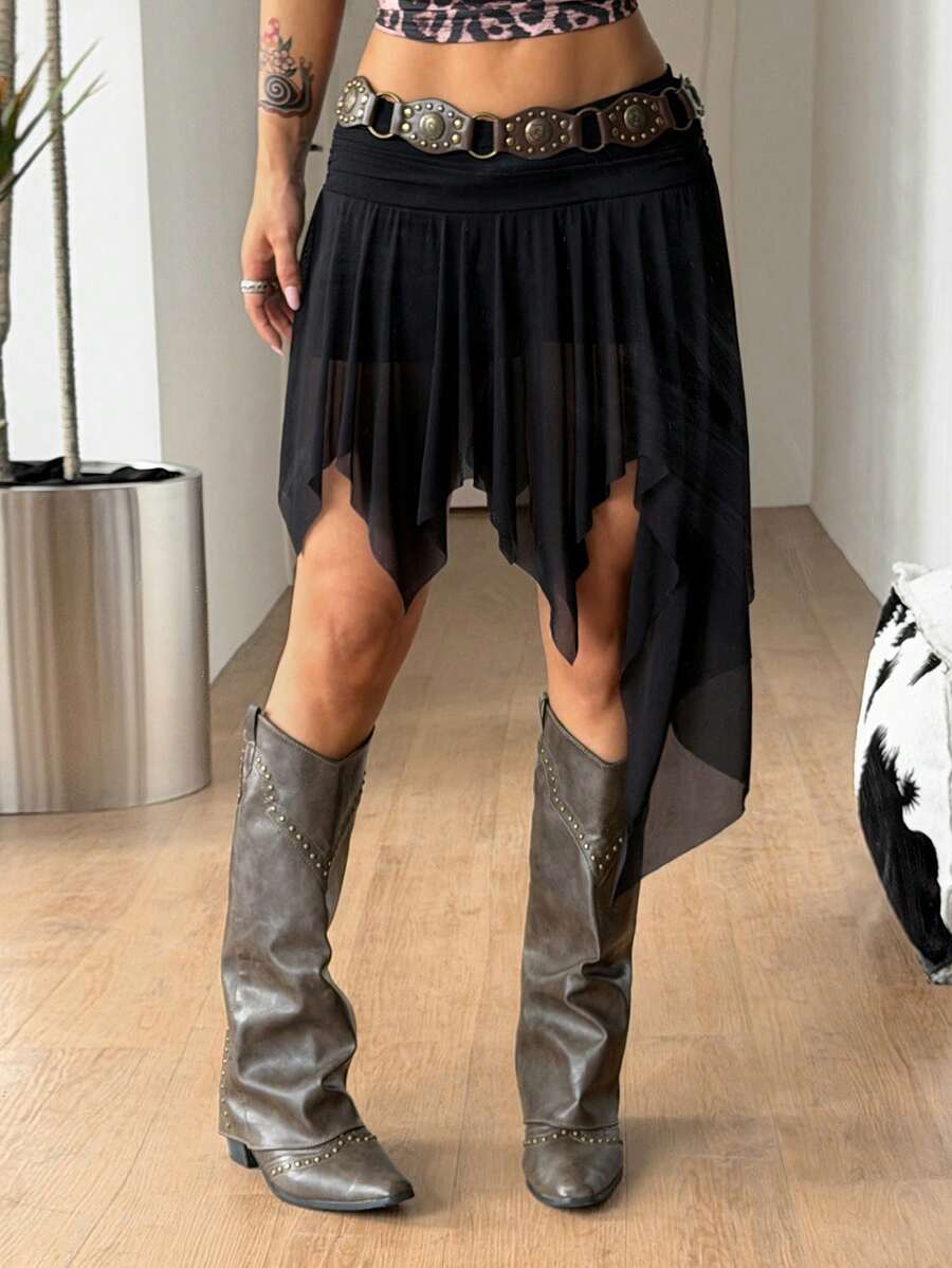 Women's asymmetrical ruffle skort with low waist, hollow out details, and lined body in knitted stretch fabric for beach and summer wear.