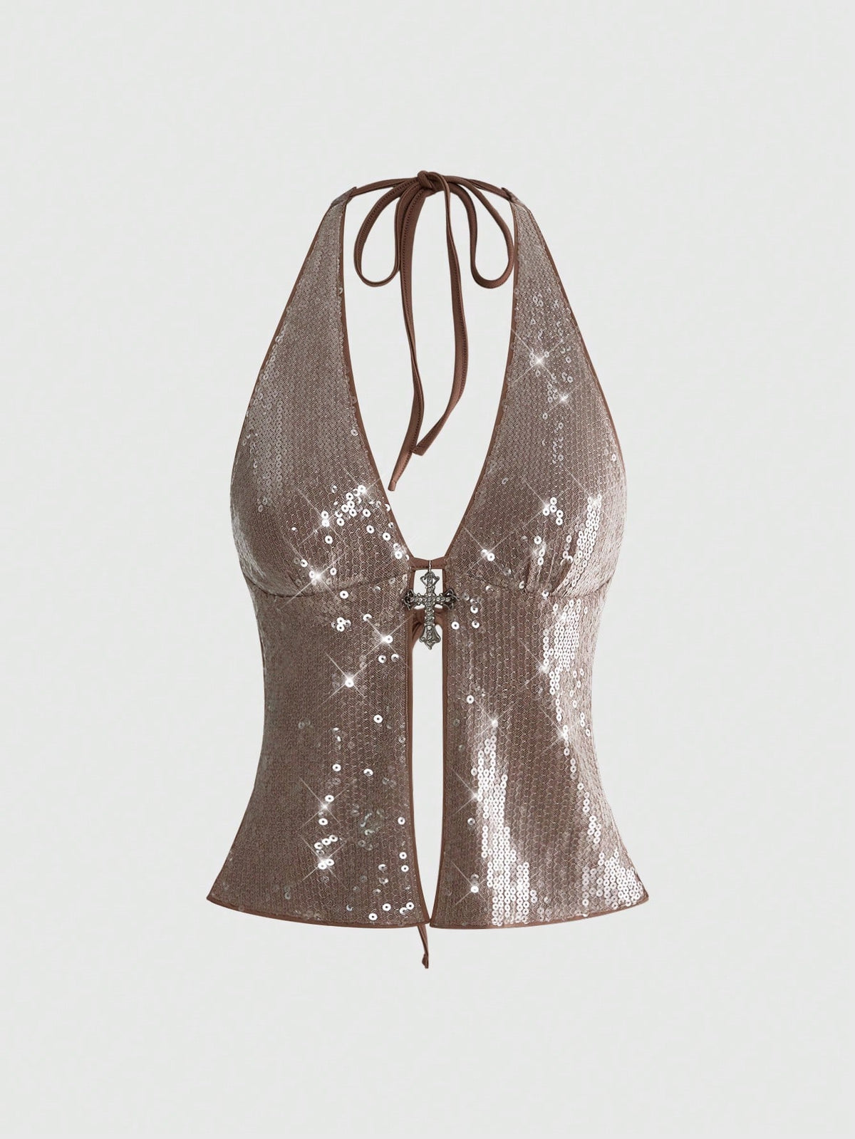 Women's white backless sequin halter neck tank top with knot details and slim fit boho style.