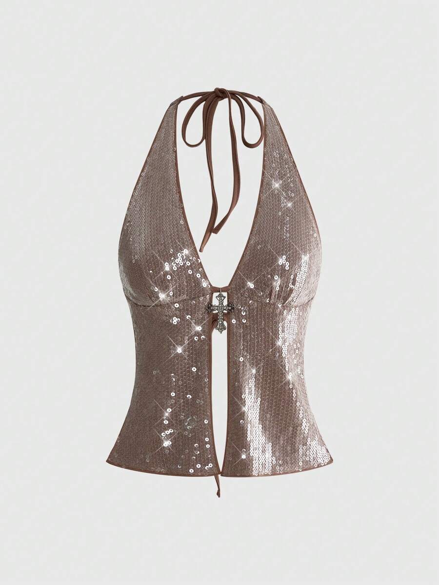 Women's white backless sequin halter neck tank top with knot details and slim fit boho style.