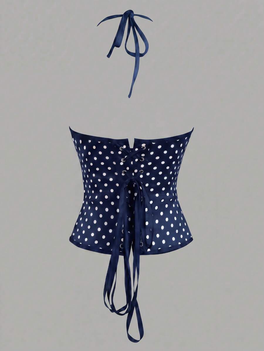 Black satin corset camisole crop top for women with halter neckline, front hook closure, back lace-up detail, and boned waist shaping.