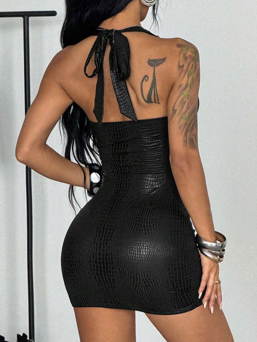 Women's black halter bodycon mini dress with studded rivet details in coated fabric