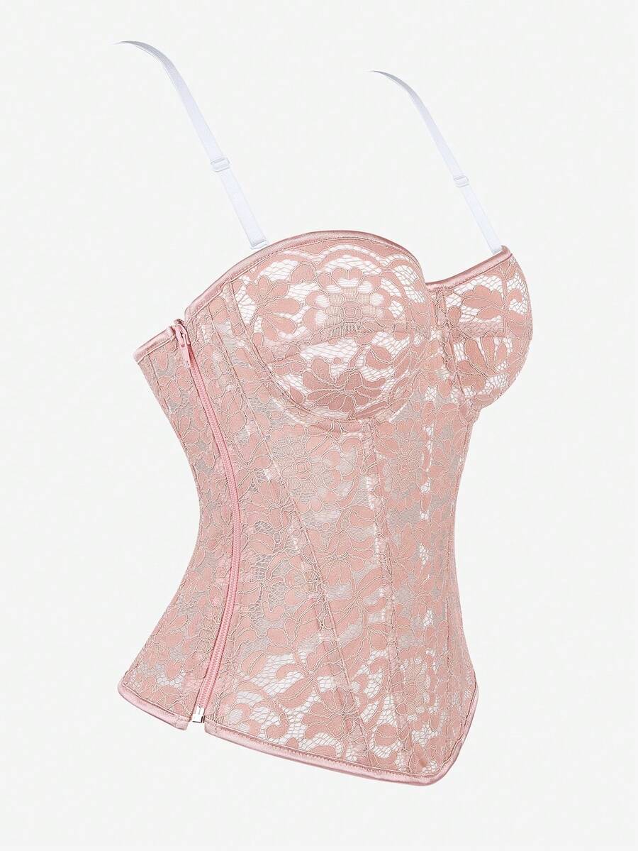 Black lace corset bodice top for women with boned mesh bustier structure and non-removable padded cups.