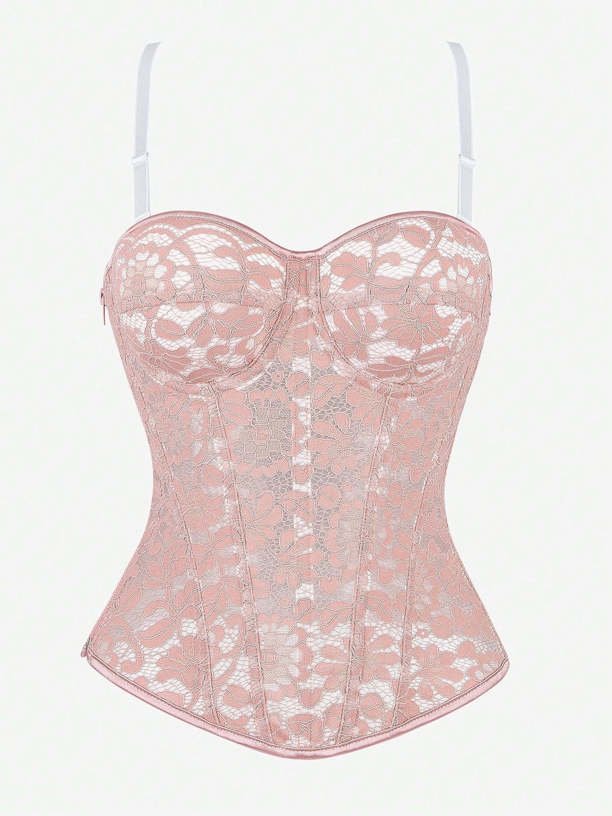Black lace corset bodice top for women with boned mesh bustier structure and non-removable padded cups.