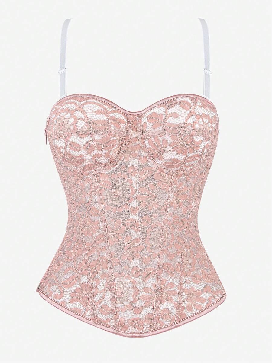 Black lace corset bodice top for women with boned mesh bustier structure and non-removable padded cups.