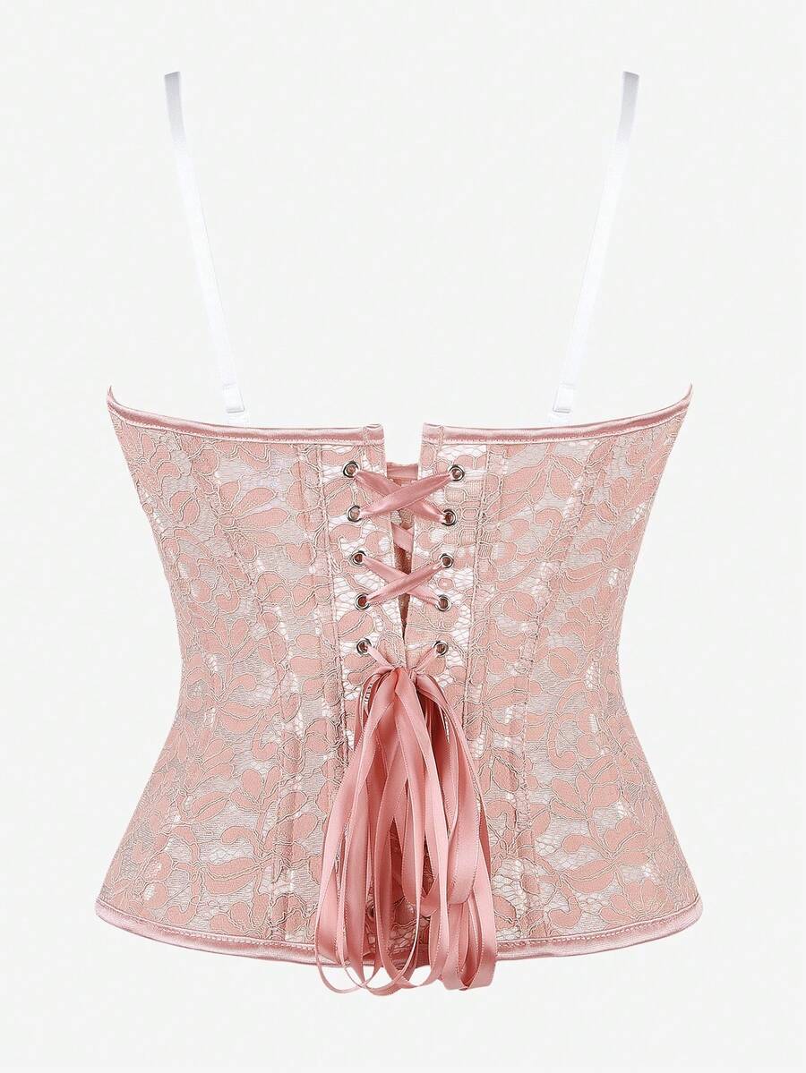 Black lace corset bodice top for women with boned mesh bustier structure and non-removable padded cups.