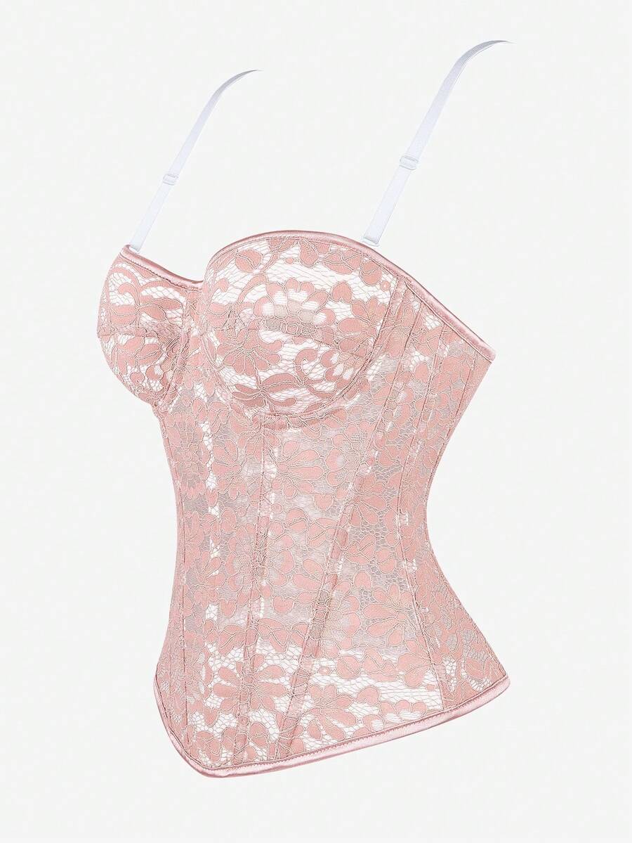 Black lace corset bodice top for women with boned mesh bustier structure and non-removable padded cups.