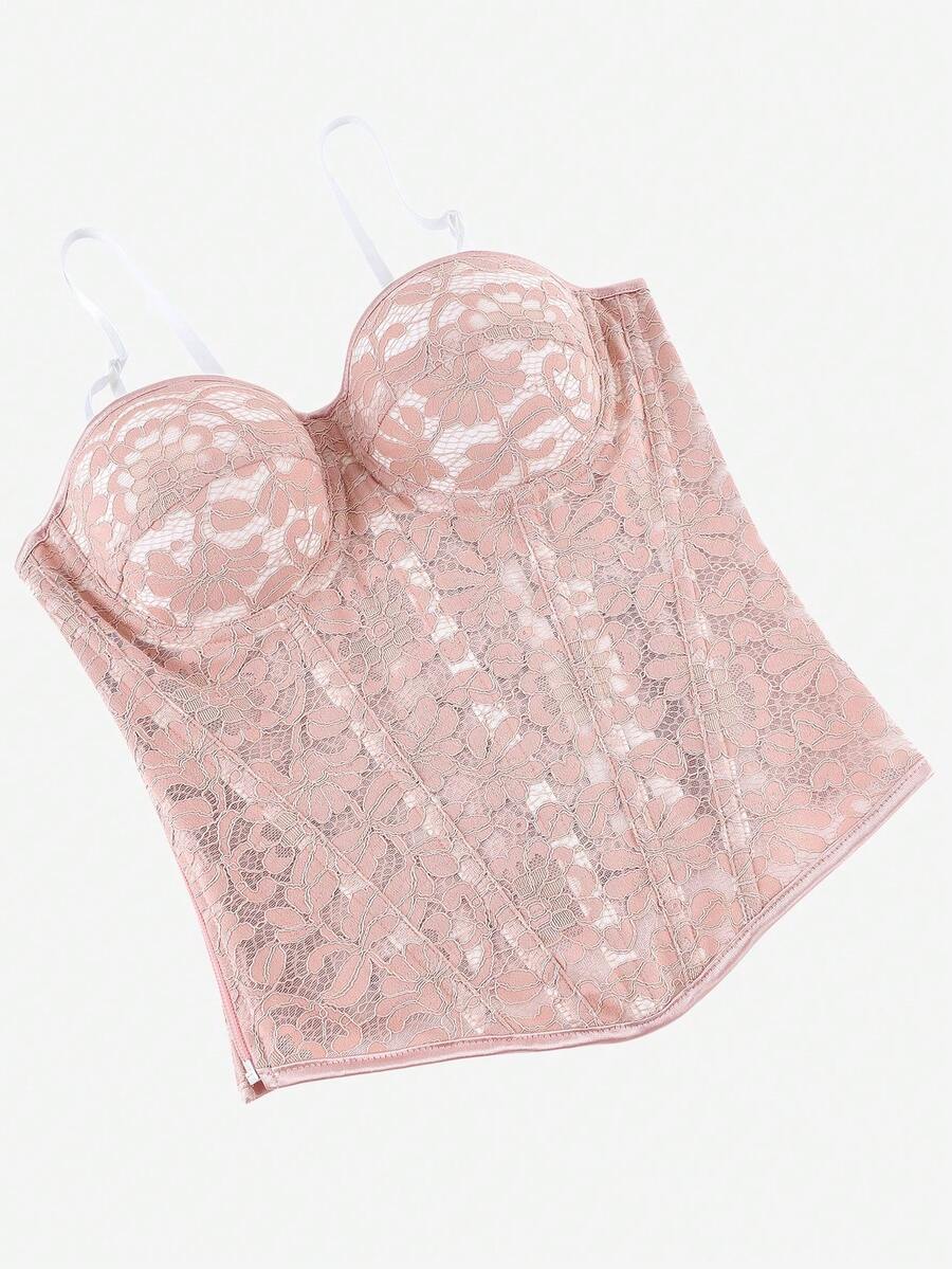Black lace corset bodice top for women with boned mesh bustier structure and non-removable padded cups.