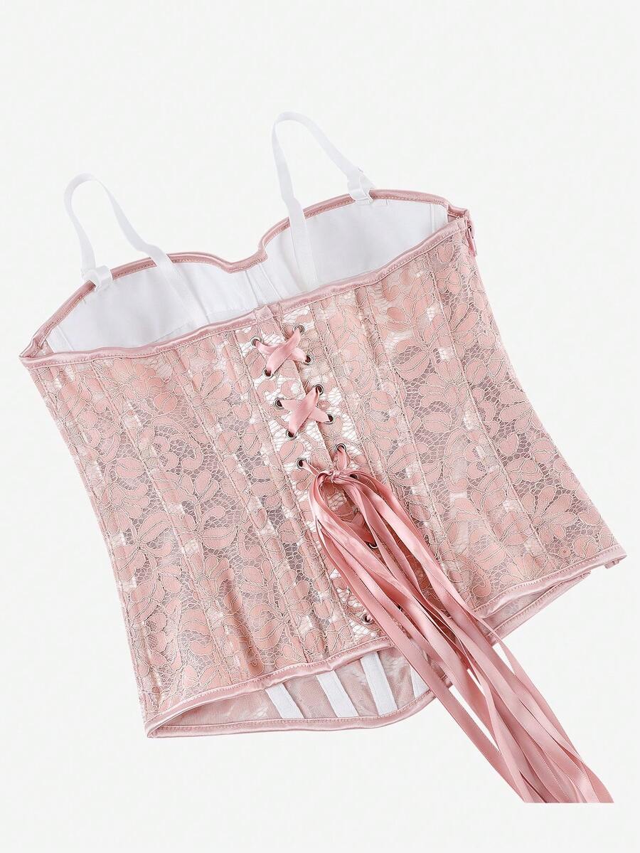 Black lace corset bodice top for women with boned mesh bustier structure and non-removable padded cups.