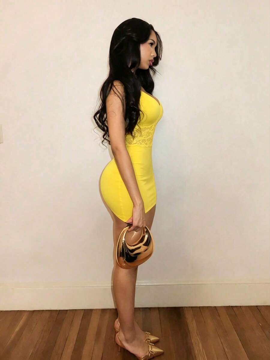Women's black lace patchwork bodycon mini dress featuring spaghetti straps and a high waist slim fit design.