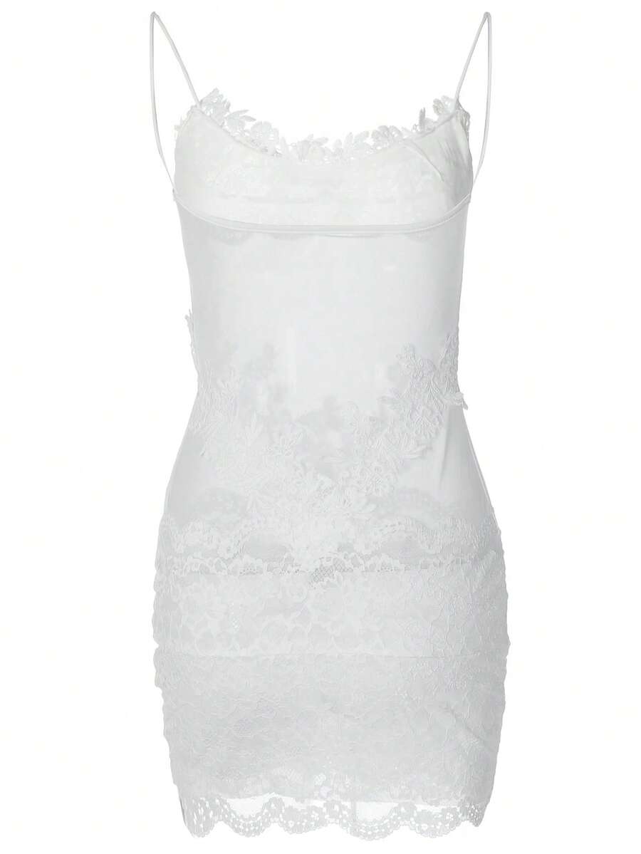 Women's black lace mesh cami mini dress with spaghetti straps and slim fit design