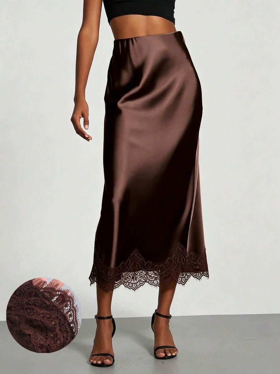 Women's brown silky satin long straight skirt featuring elegant contrast lace trim.