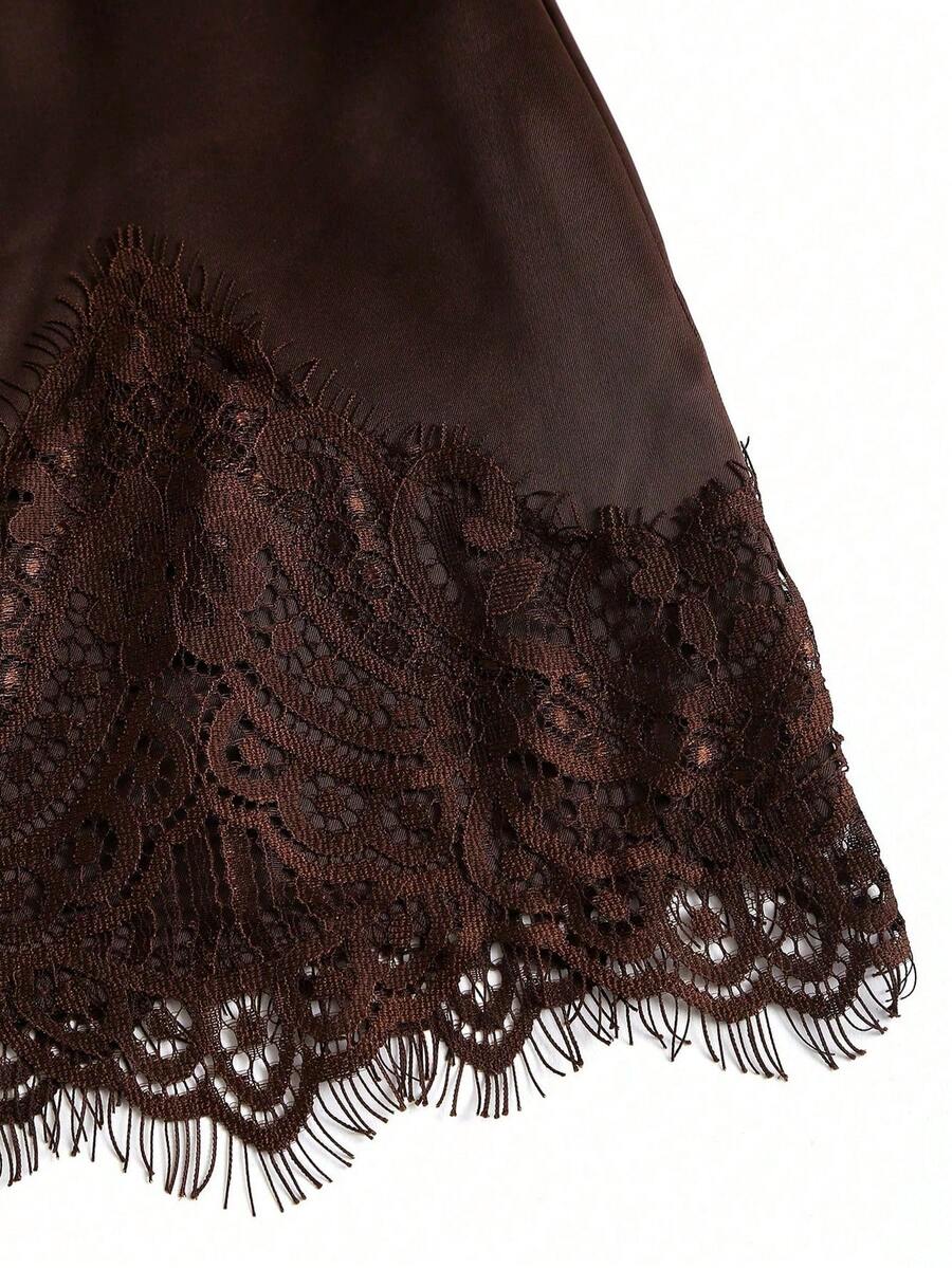 Women's brown silky satin long straight skirt featuring elegant contrast lace trim.