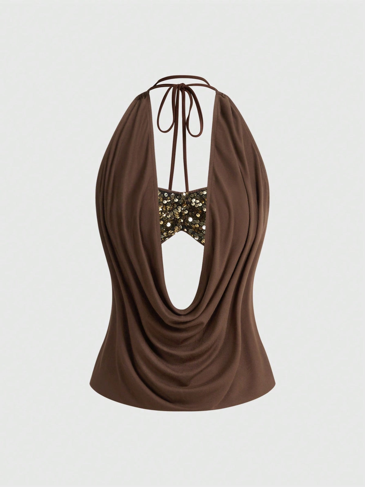 Women's black sequin halter tank top featuring a draped cowl neck and backless design