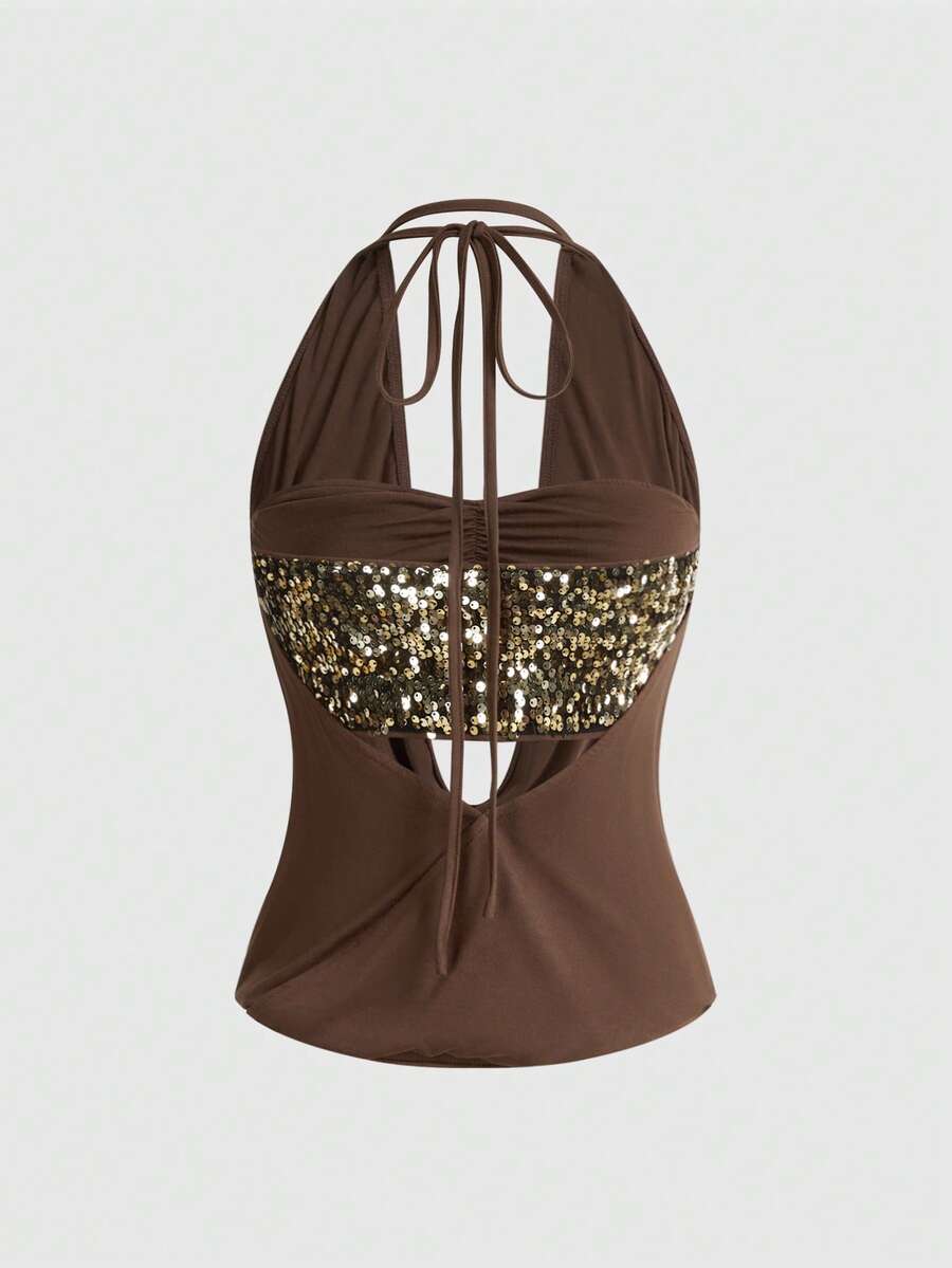 Women's black sequin halter tank top featuring a draped cowl neck and backless design
