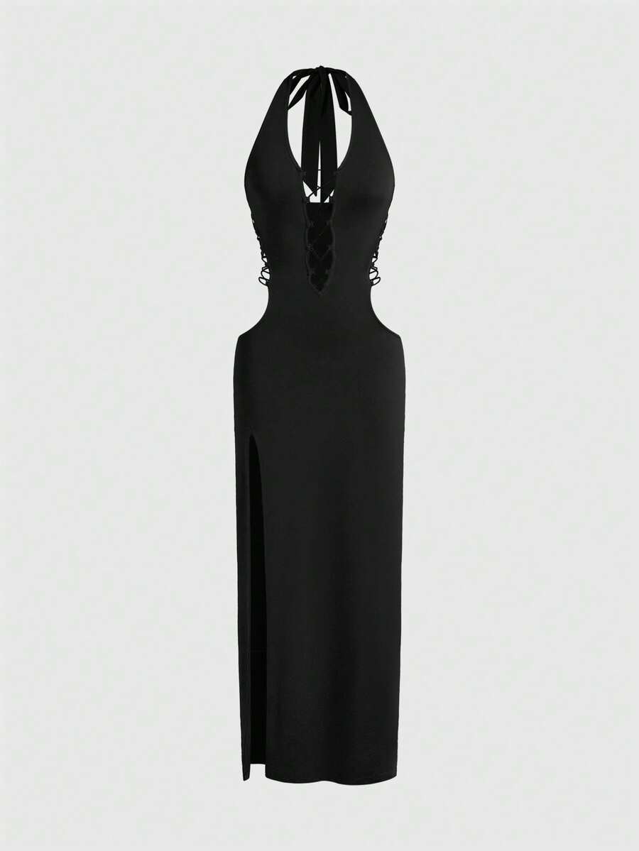 Front view of women's black halter backless maxi dress featuring a high split thigh and slim fit bodycon silhouette.