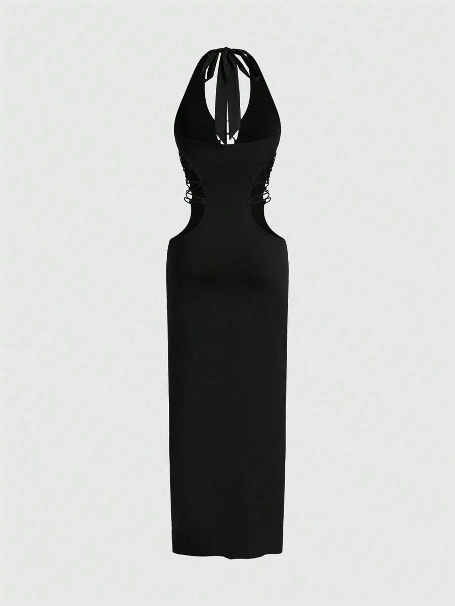 Front view of women's black halter backless maxi dress featuring a high split thigh and slim fit bodycon silhouette.