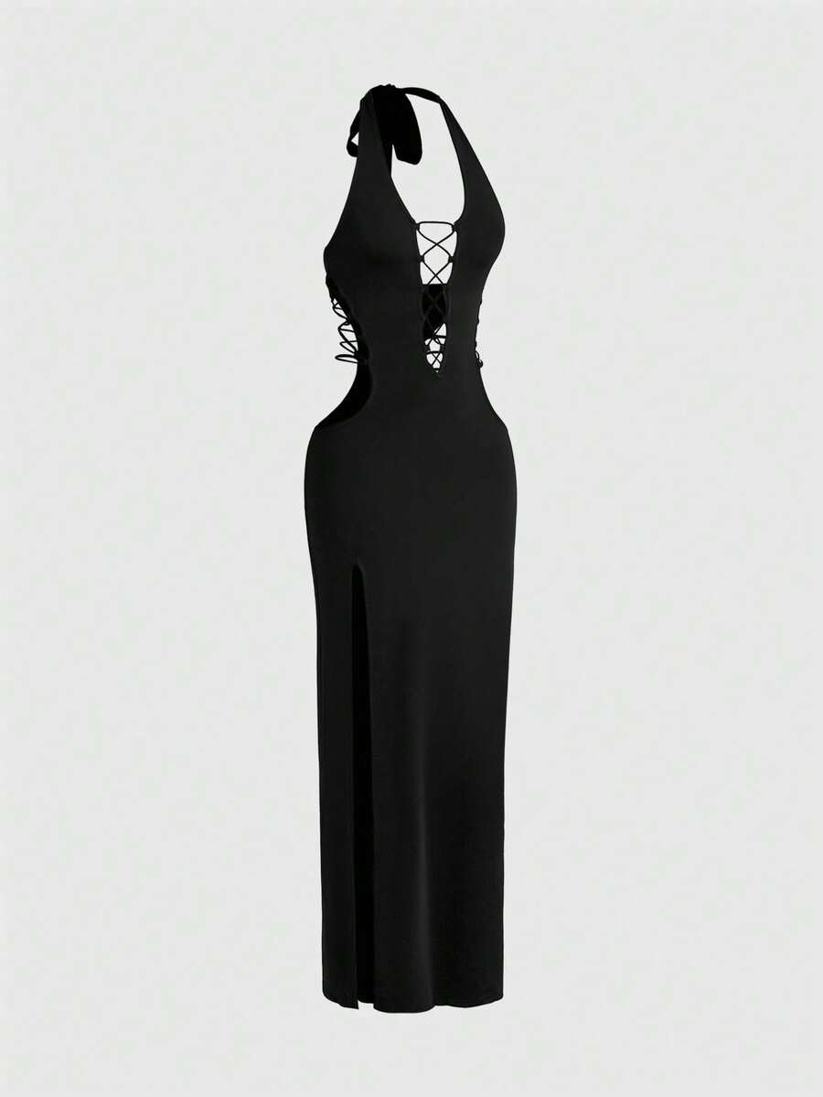 Front view of women's black halter backless maxi dress featuring a high split thigh and slim fit bodycon silhouette.