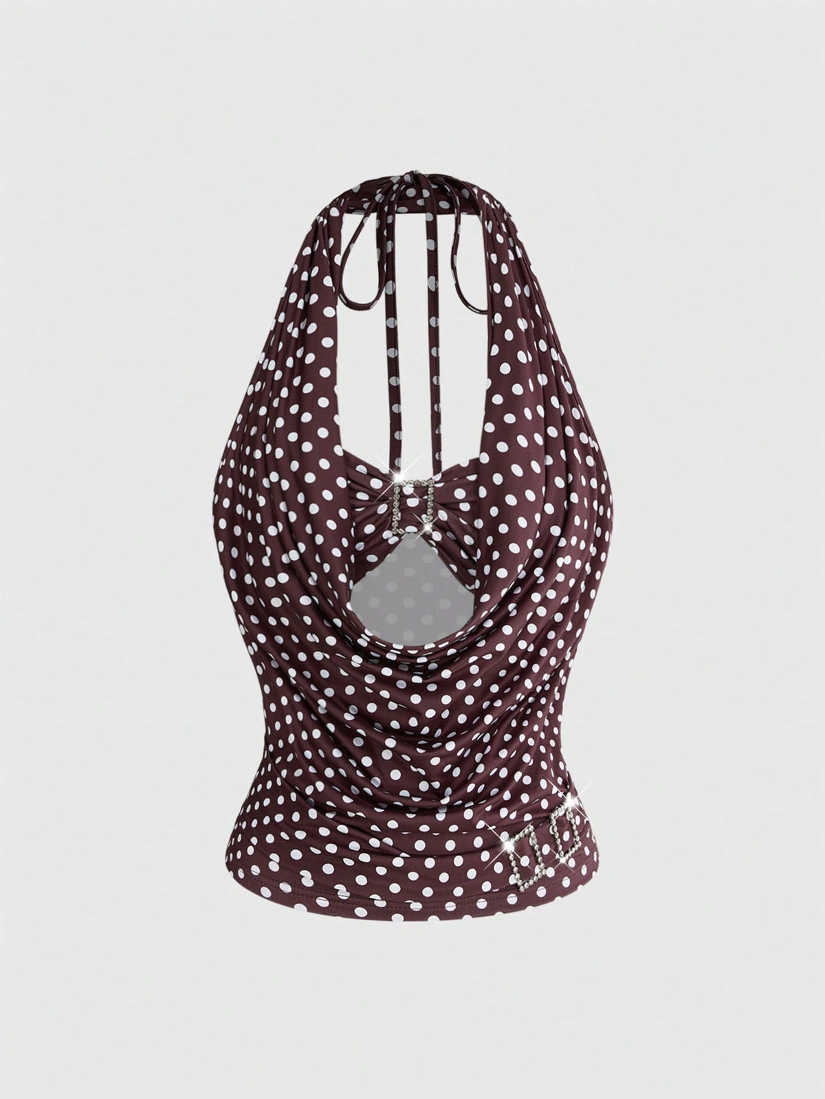 Women's draped neck halter tank top with ruched waist and backless cut-out detail