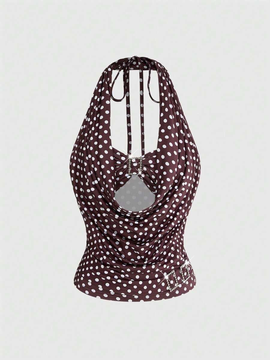 Women's draped neck halter tank top with ruched waist and backless cut-out detail