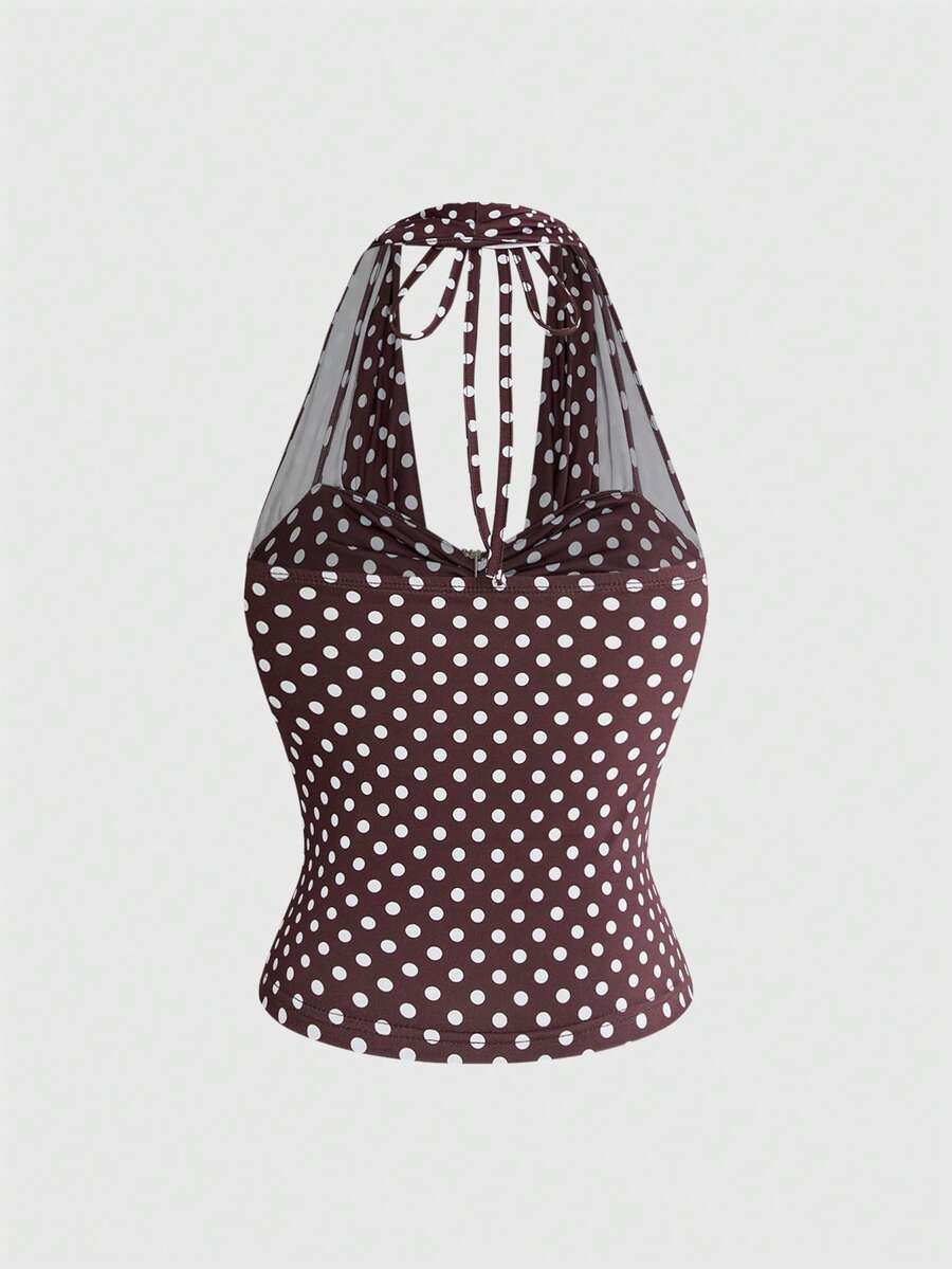 Women's draped neck halter tank top with ruched waist and backless cut-out detail