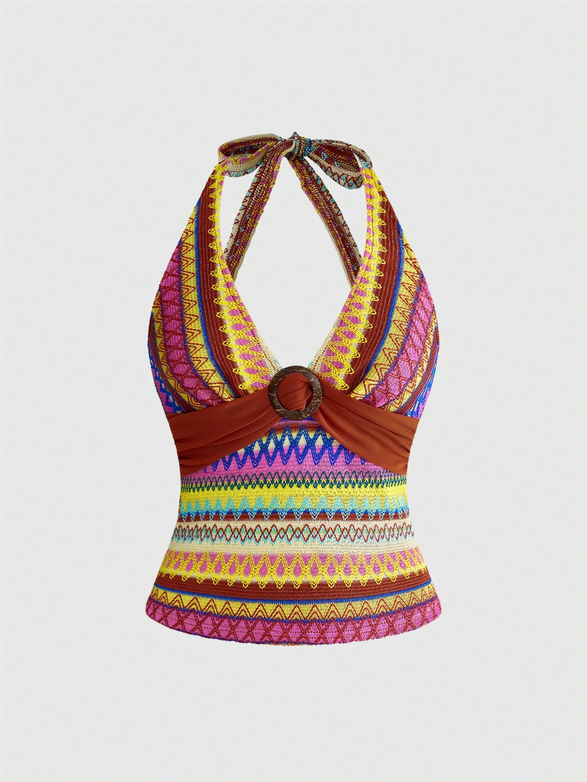 Multicolor geometric print halter tank top for women featuring front cut-out detail with ring accent and backless slim fit design.