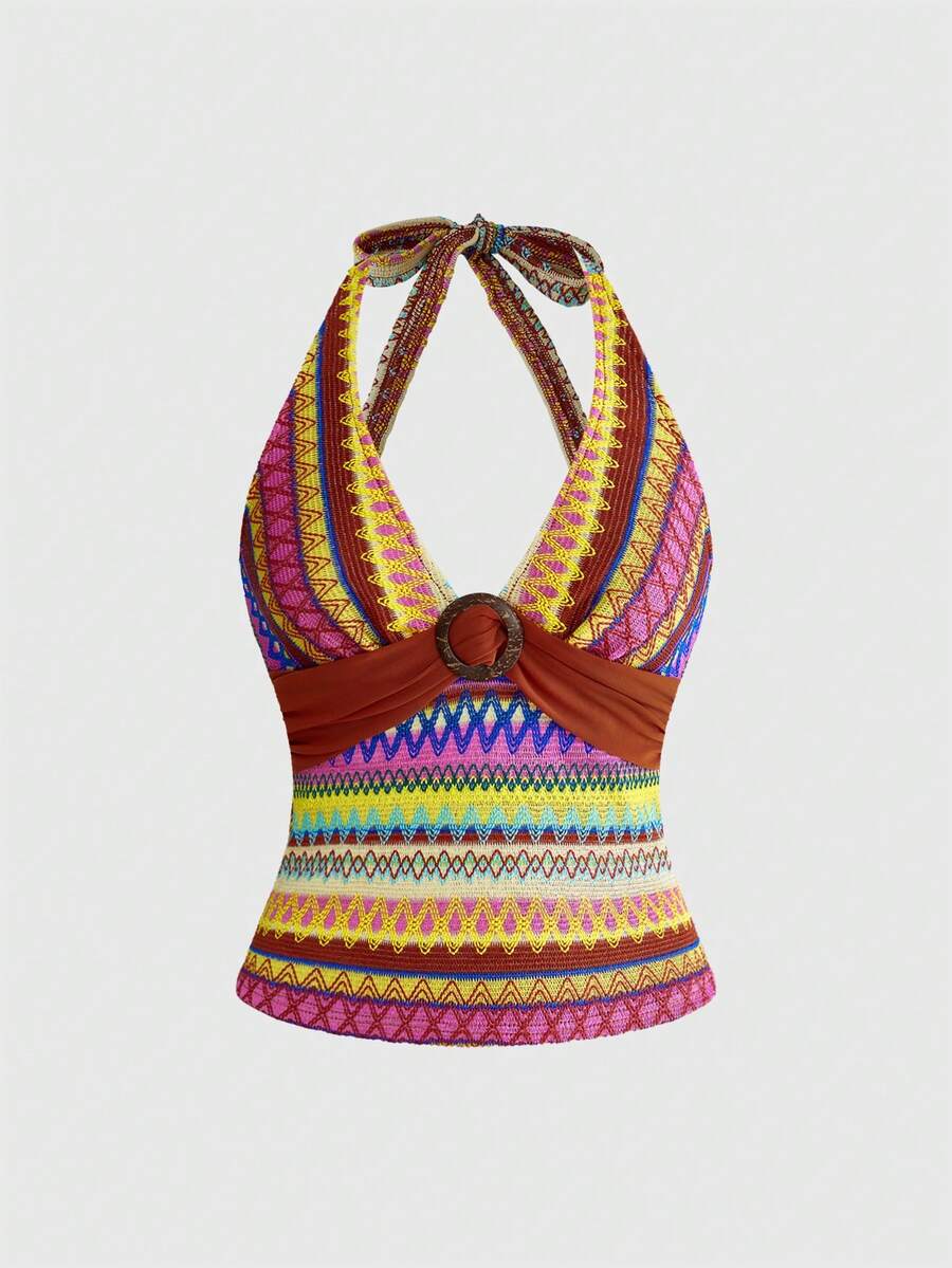 Multicolor geometric print halter tank top for women featuring front cut-out detail with ring accent and backless slim fit design.