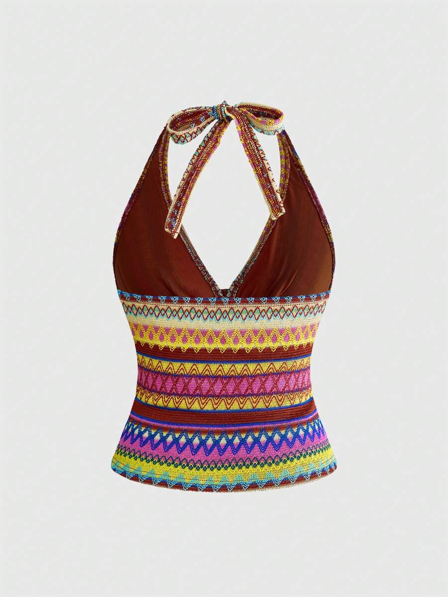Multicolor geometric print halter tank top for women featuring front cut-out detail with ring accent and backless slim fit design.