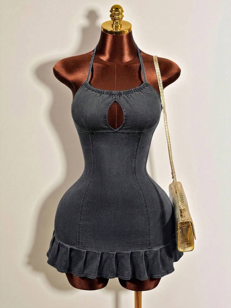 Women's blue denim halter mini dress featuring front cut-out details and a flounce ruffle hem.