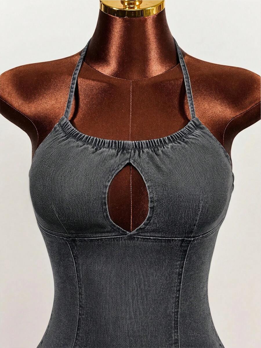 Women's blue denim halter mini dress featuring front cut-out details and a flounce ruffle hem.