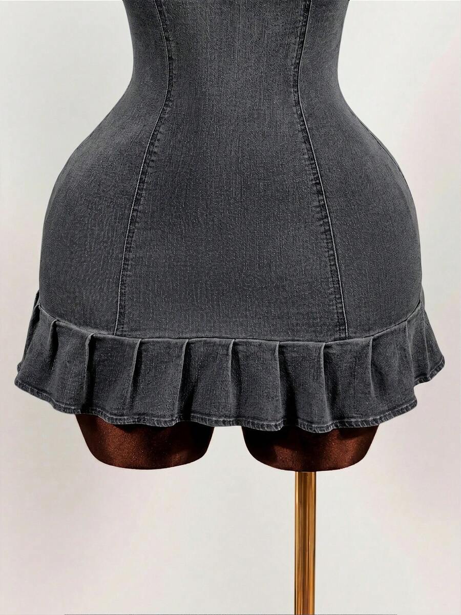 Women's blue denim halter mini dress featuring front cut-out details and a flounce ruffle hem.