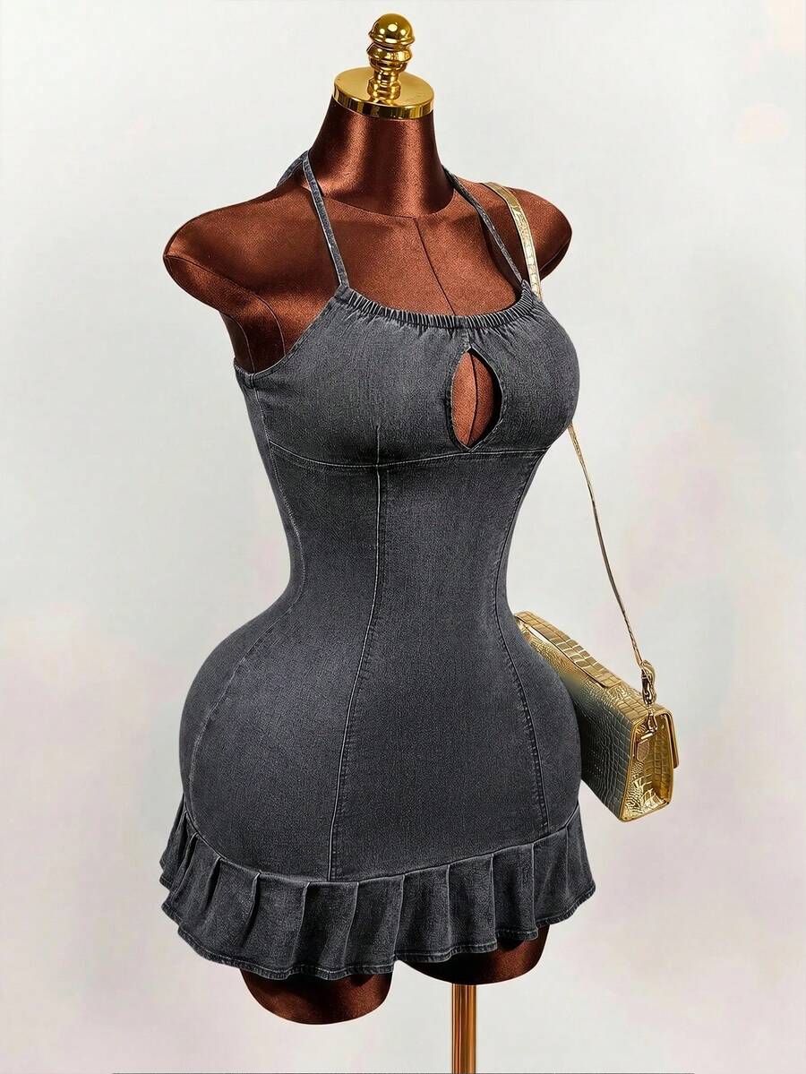 Women's blue denim halter mini dress featuring front cut-out details and a flounce ruffle hem.