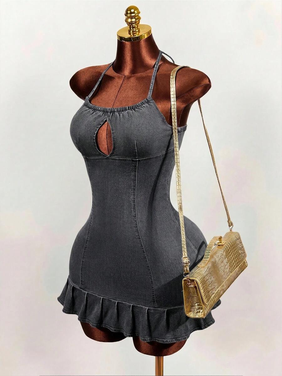 Women's blue denim halter mini dress featuring front cut-out details and a flounce ruffle hem.