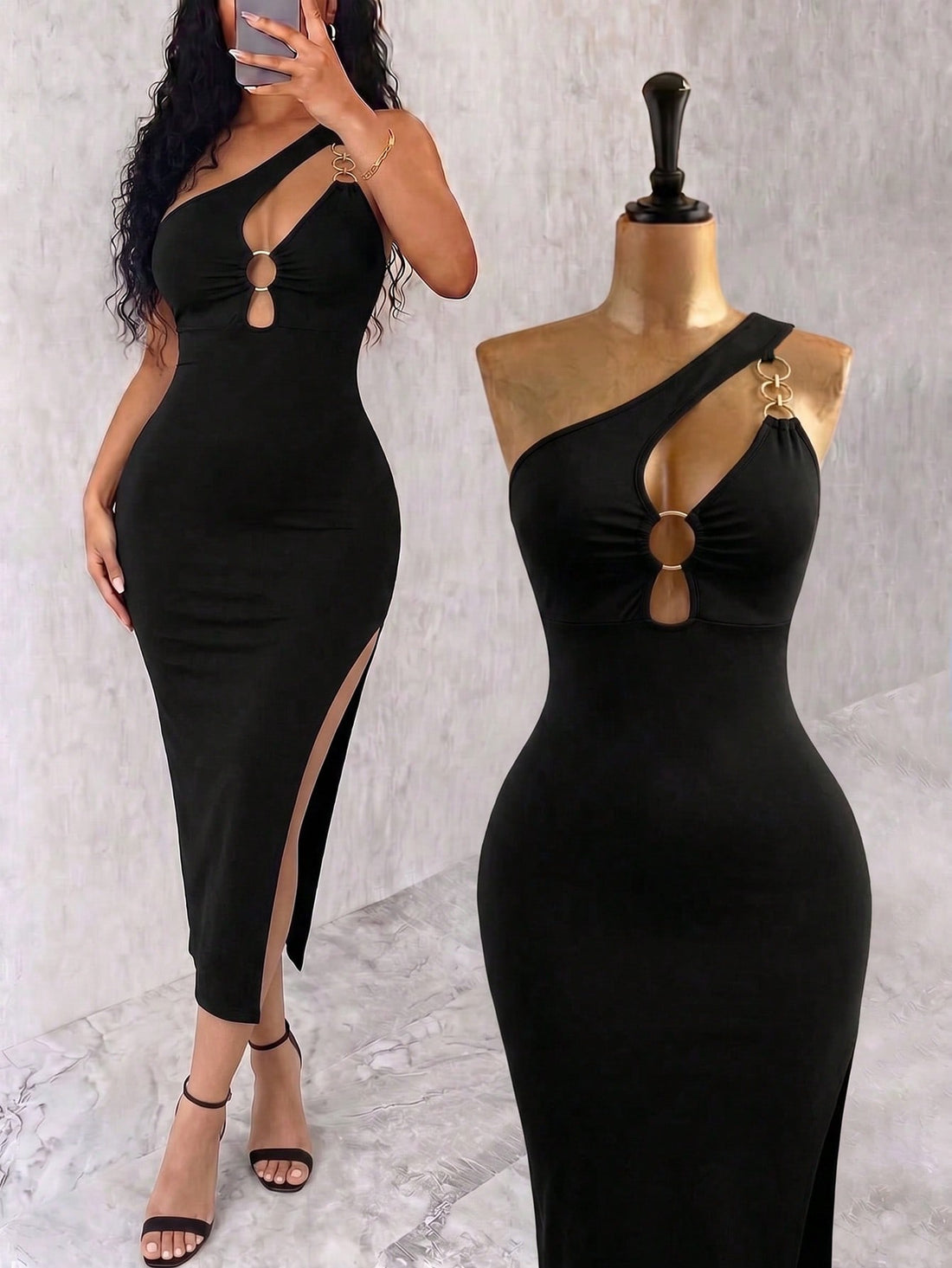 Sleeveless asymmetrical neck bodycon dress featuring cut-out waist detailing and side slit hem for women.