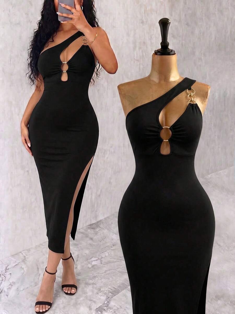 Sleeveless asymmetrical neck bodycon dress featuring cut-out waist detailing and side slit hem for women.