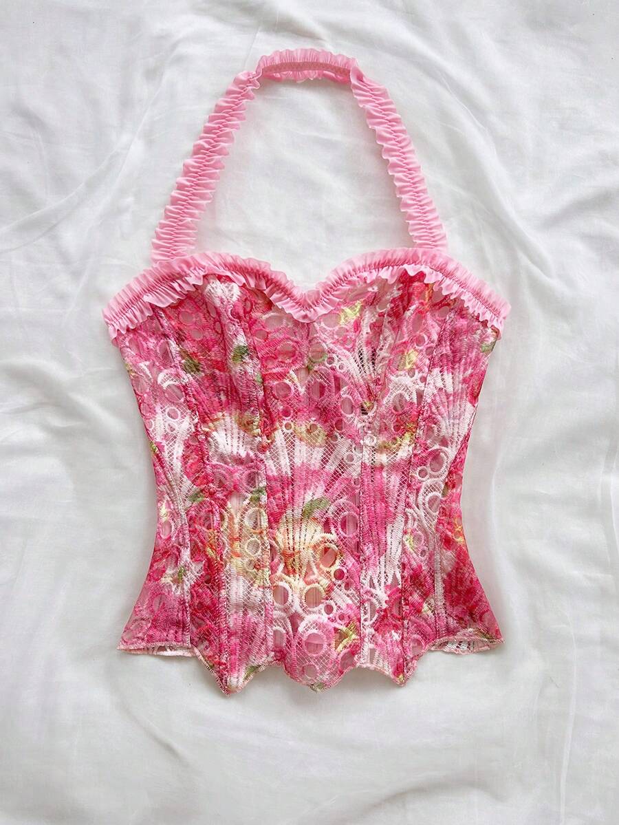 Strapless floral lace corset top with lace-up detail, asymmetrical hem, and slim fit for women.