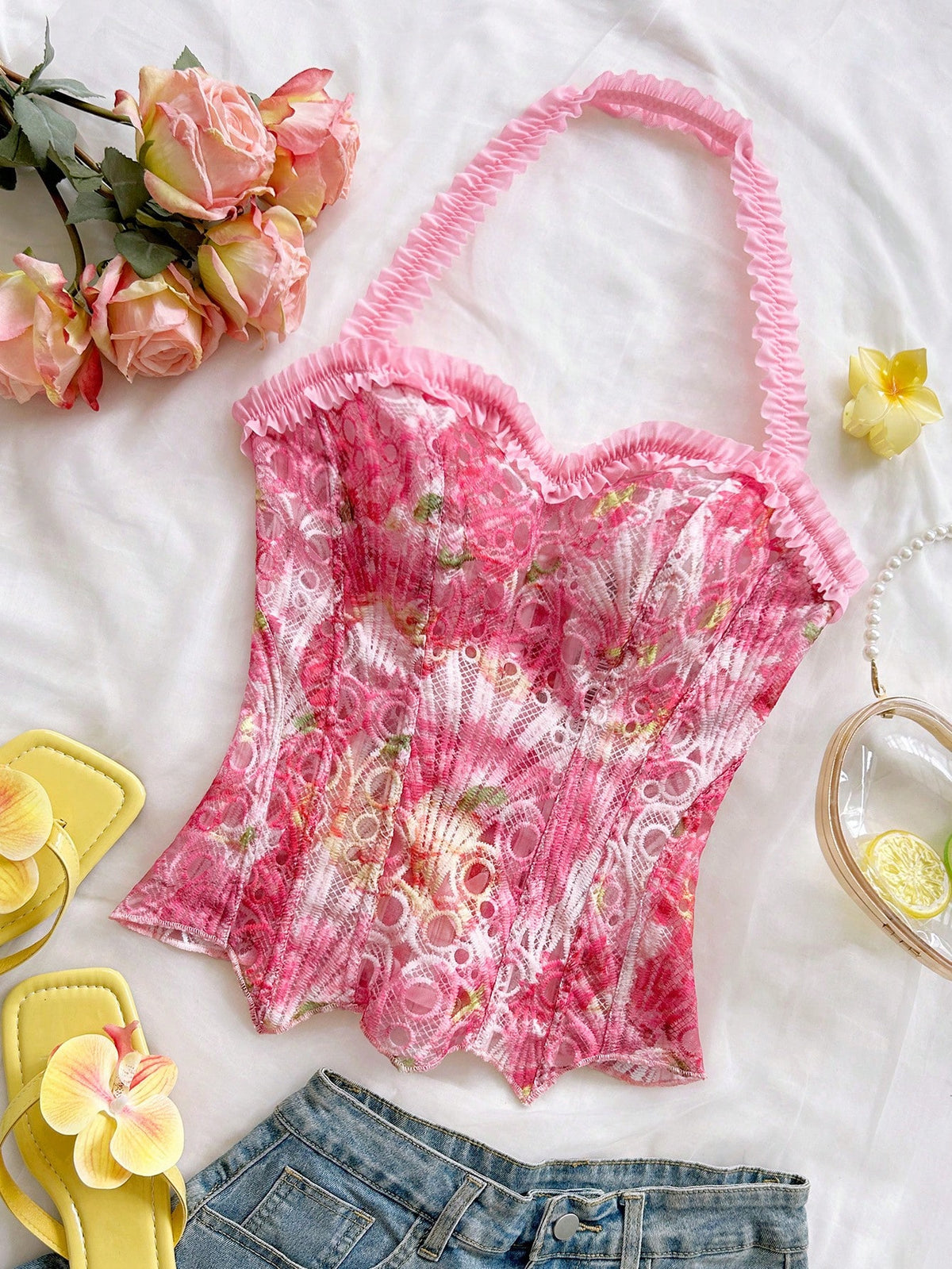 Strapless floral lace corset top with lace-up detail, asymmetrical hem, and slim fit for women.