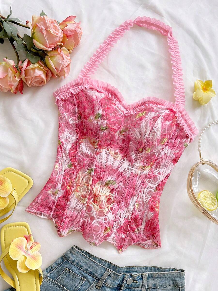 Strapless floral corset top with lace-up detail, asymmetrical hem, and slim fit for women in a boho vacation style.