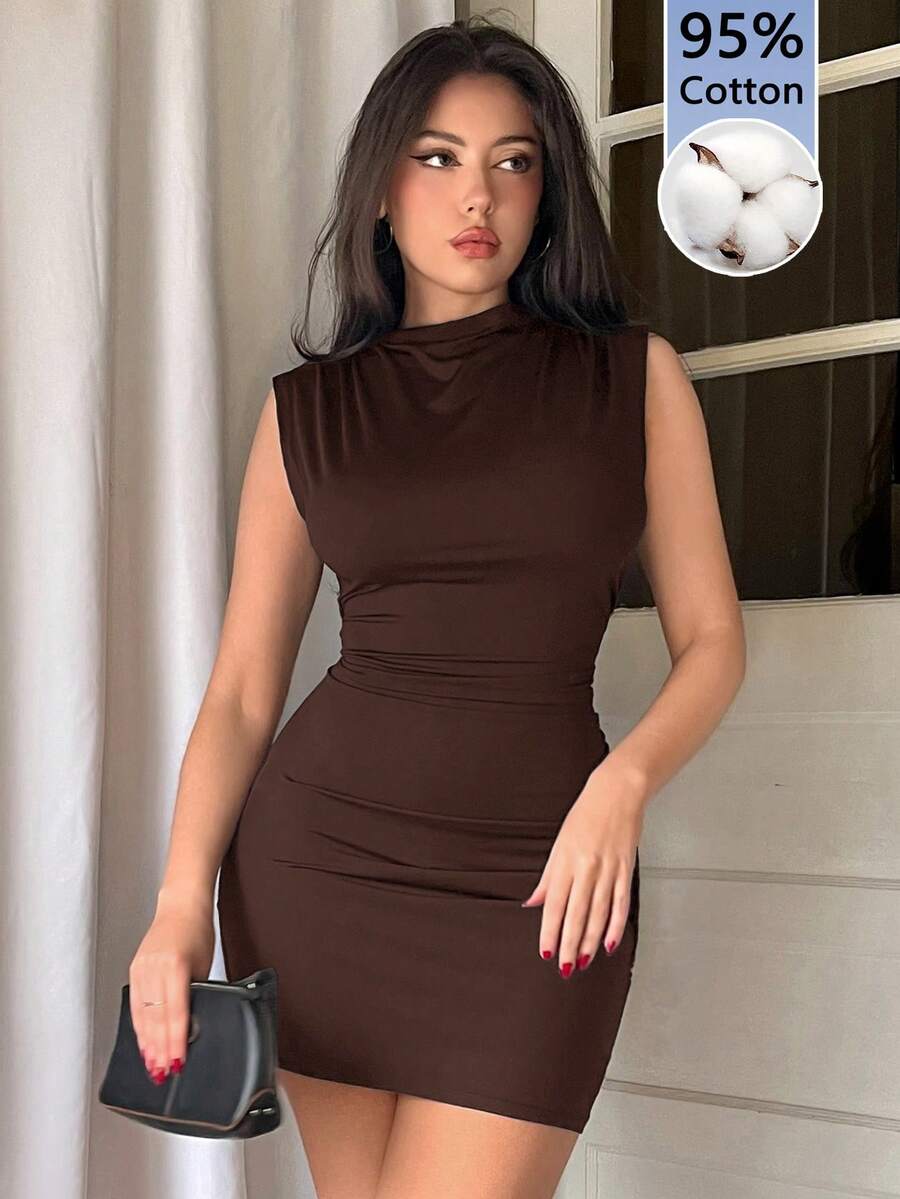 Army green sleeveless bodycon mini dress with a stand collar, ruched details, and zipper back.