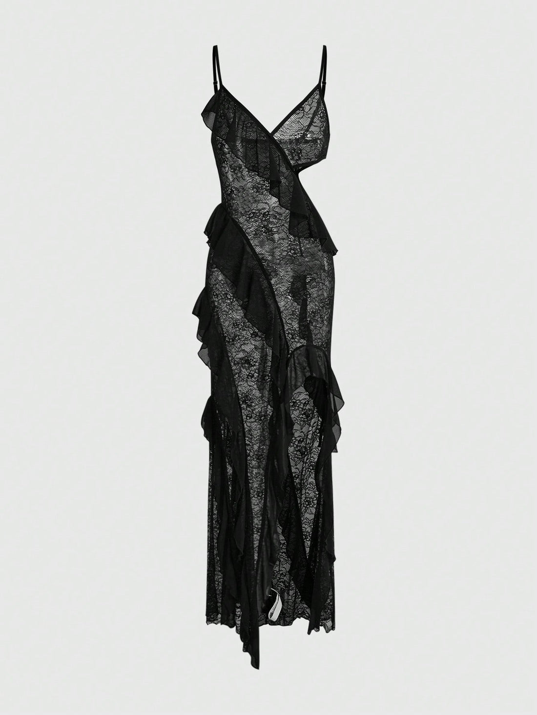 Women's black goth style long lace dress featuring spaghetti straps, backless semi-sheer design, and side slit hem.