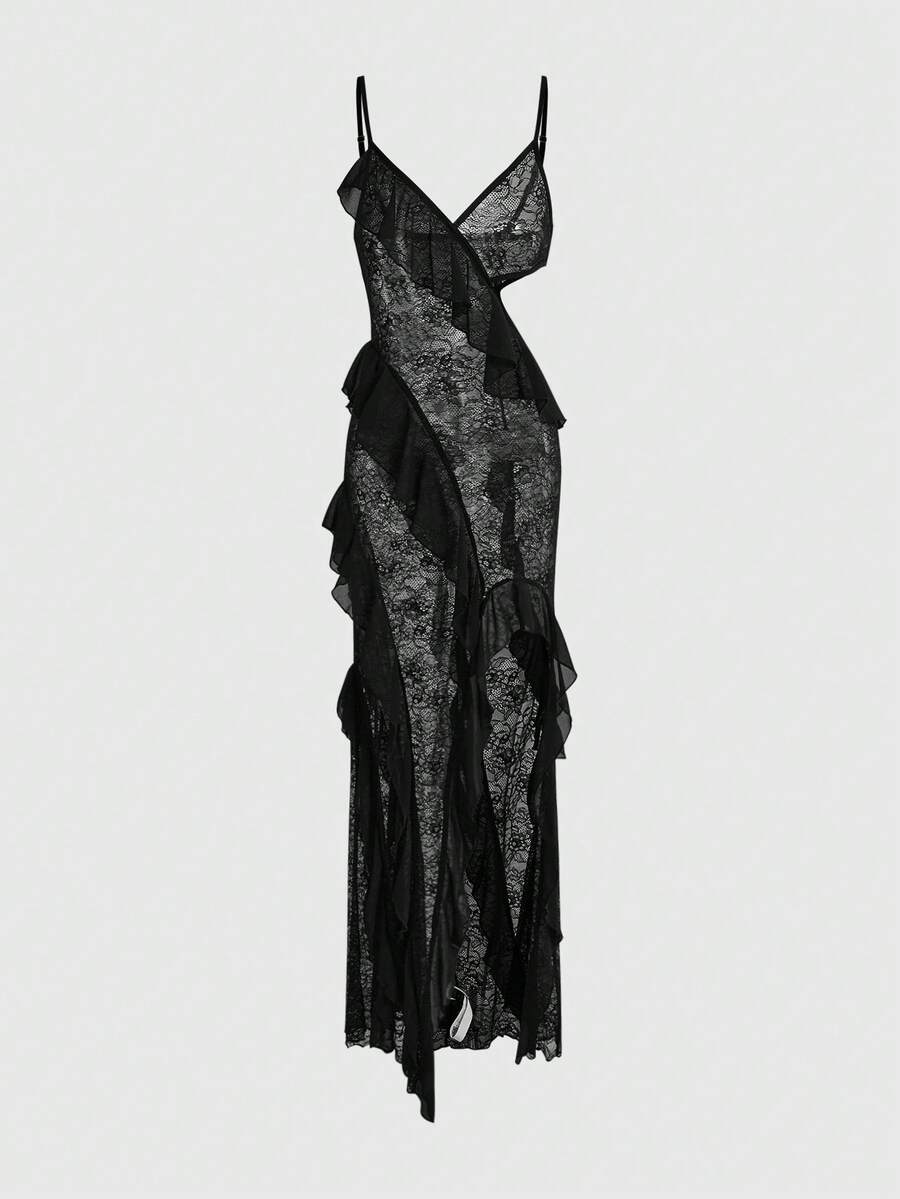 Women's black goth style long lace dress featuring spaghetti straps, backless semi-sheer design, and side slit hem.