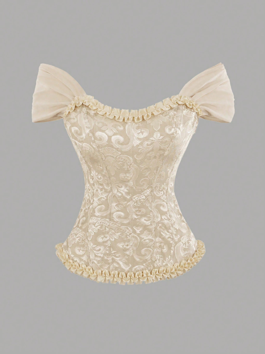 Women's apricot off-shoulder camisole top featuring asymmetrical frill trim and lace-up detail in a slim fit.