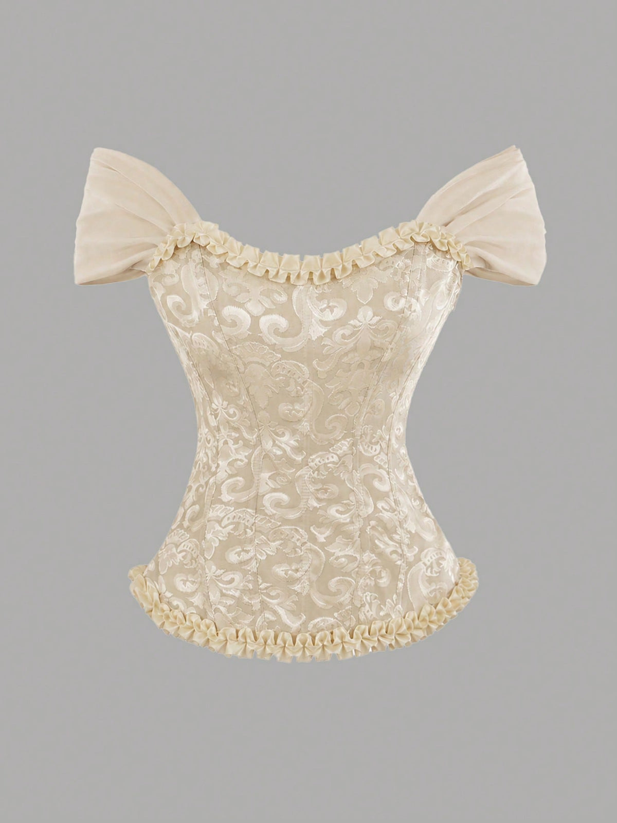 Women's apricot off-shoulder camisole top featuring asymmetrical frill trim and lace-up detail in a slim fit.