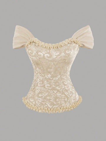 Women's apricot off-shoulder camisole top featuring asymmetrical frill trim and lace-up detail in a slim fit.