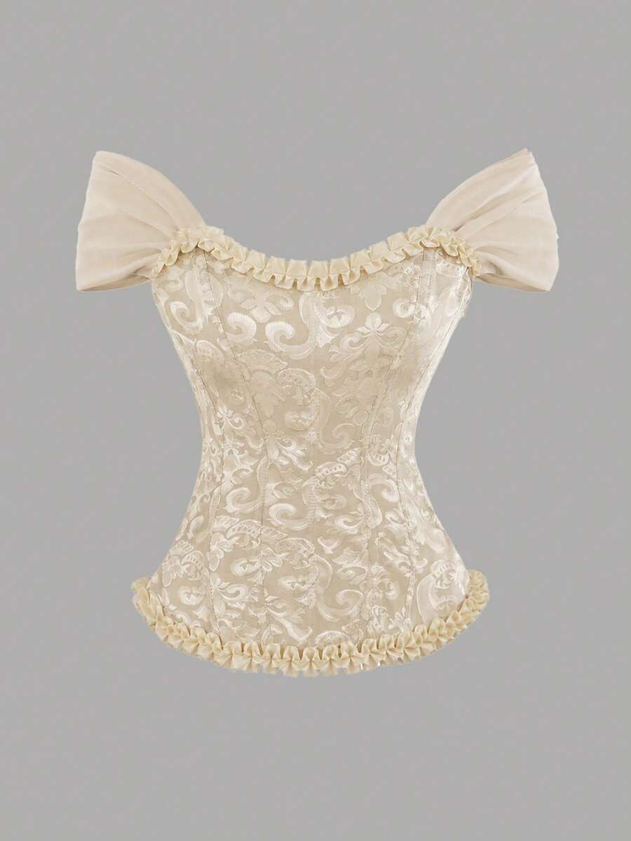 Women's apricot off-shoulder camisole top featuring asymmetrical frill trim and lace-up detail in a slim fit.