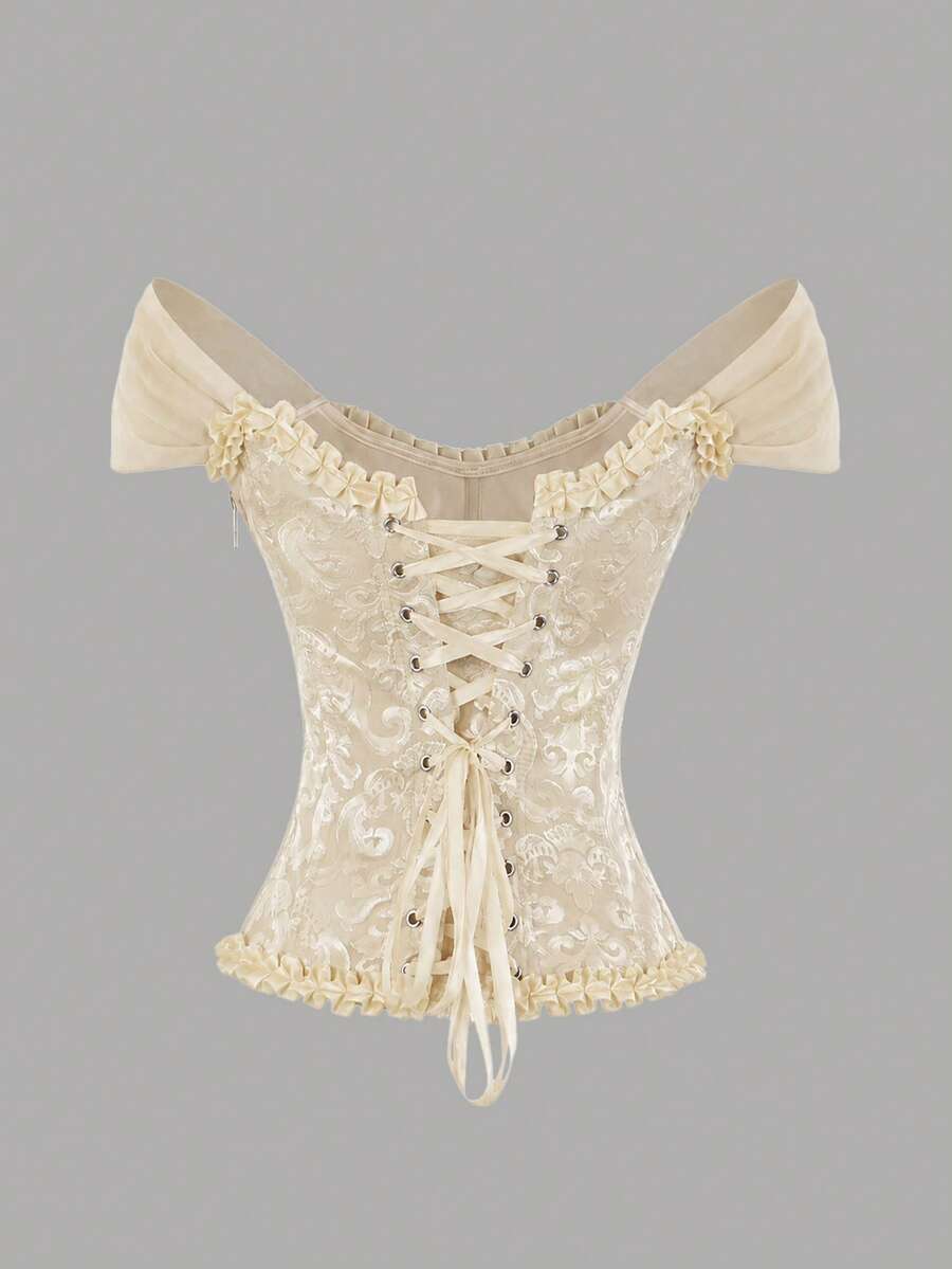 Women's apricot off-shoulder camisole top featuring asymmetrical frill trim and lace-up detail in a slim fit.